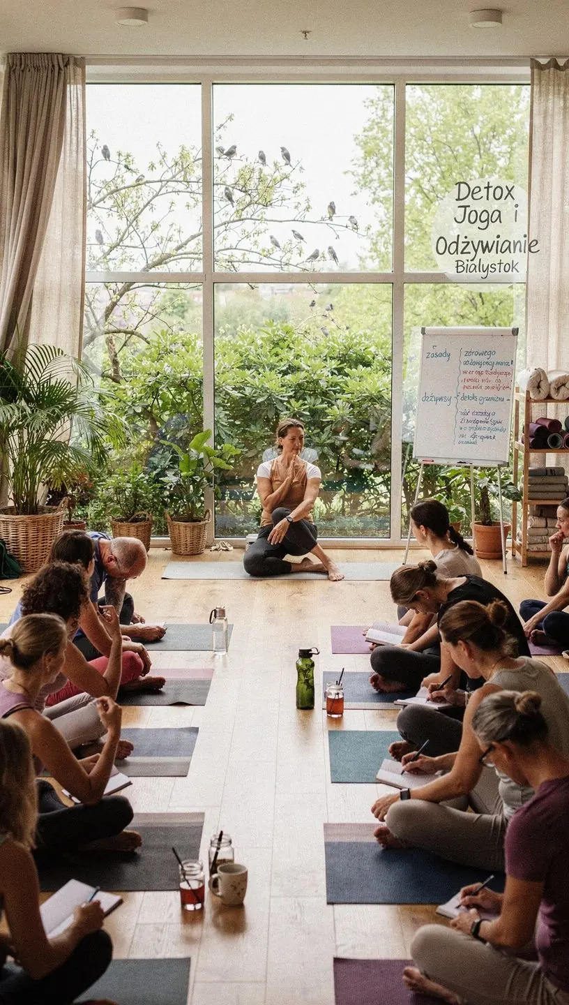 Instruktor jogi demonstrujący skręcone asany w studio, z uczniami w tle.