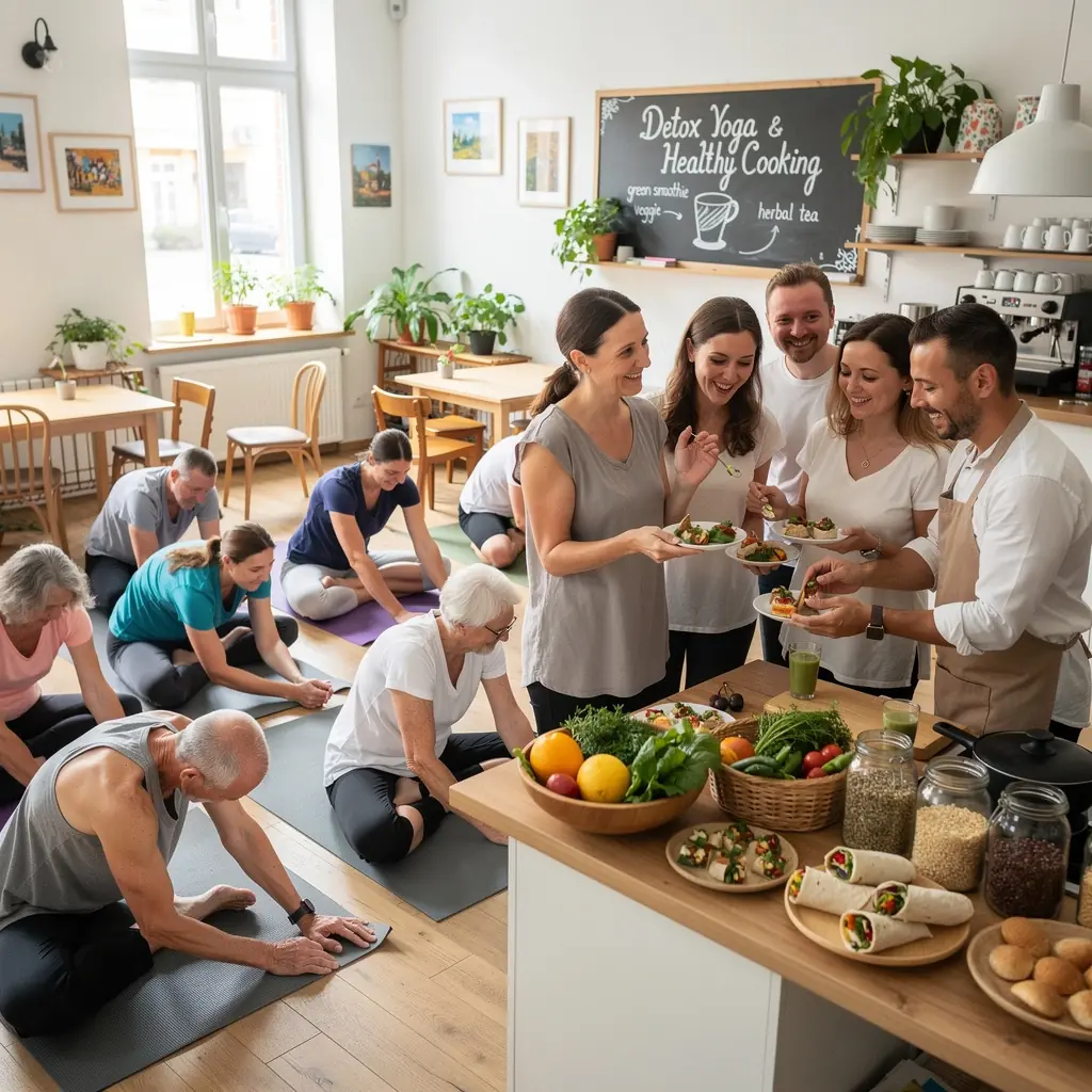 Uczestnicy programu detoksykacji, medytujący na świeżym powietrzu, otoczeni zielenią.