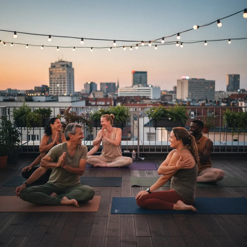 Zbliżenie na matę do jogi oraz akcesoria, takie jak bloki i paski, w naturalnym otoczeniu.
