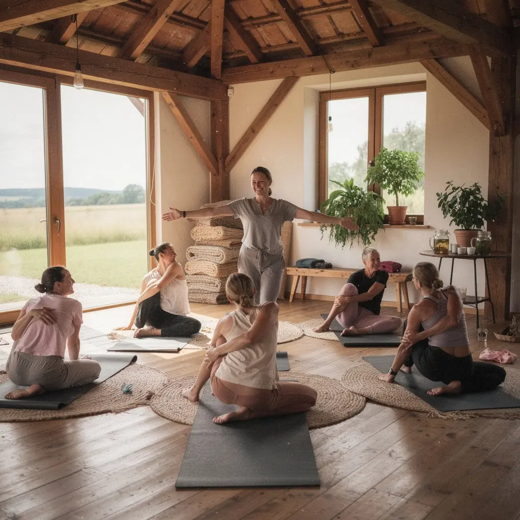 Zbliżenie na matę do jogi oraz akcesoria, takie jak bloki i paski, w naturalnym otoczeniu.