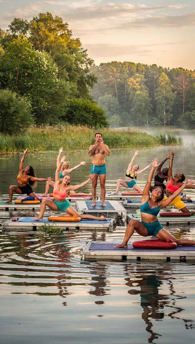 Zbliżenie na matę do jogi oraz akcesoria, takie jak bloki i paski, w naturalnym otoczeniu.