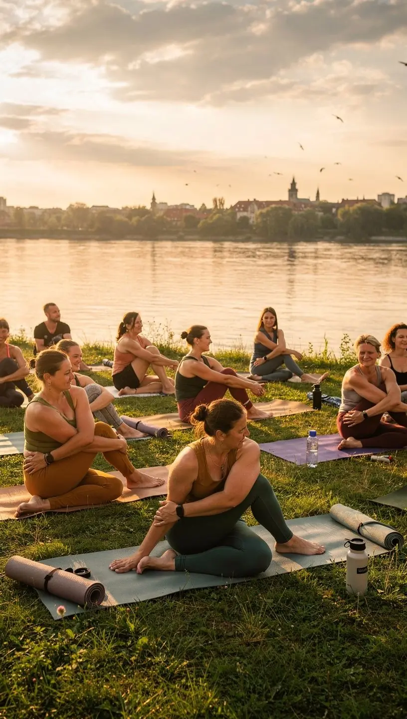 Zdjęcie uczestników zajęć jogi w plenerze, wykonujących skręty ciała.